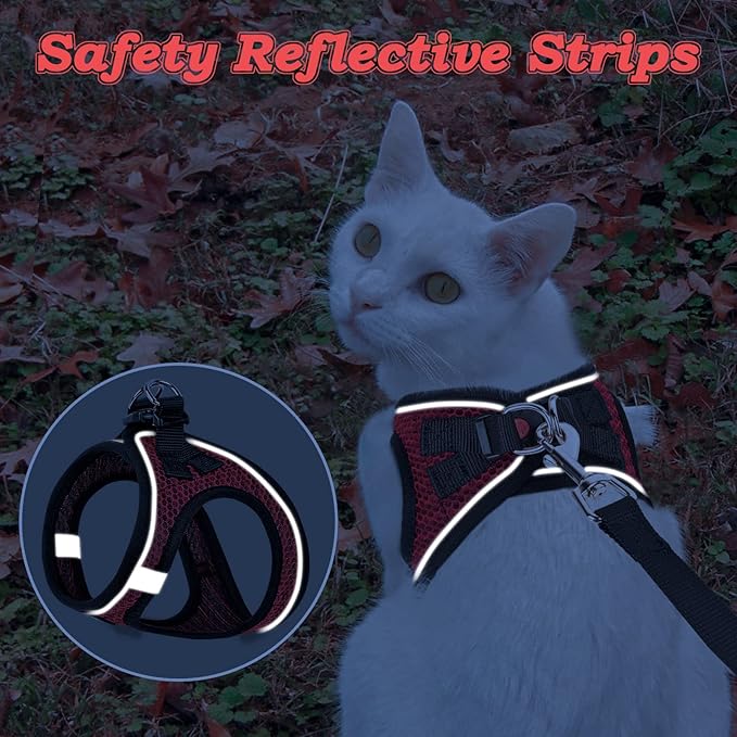 Cat Harness and Leash for Walking Escape Proof, Adjustable Kitten Vest Harness Reflective Soft Mesh Puppy Harness for Outdoor, Comfort Fit, Easy to Control (Red, L)