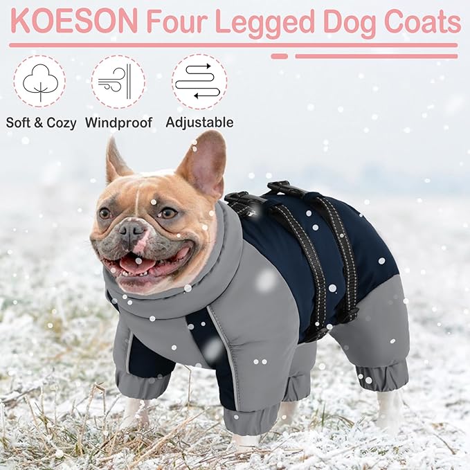 KOESON Four Legged Winter Dog Jacket with Adjustable Buckles, Turtleneck Windproof Fleece Jacket, Reflective Fullbody Puffer Coat Blue Grey XL