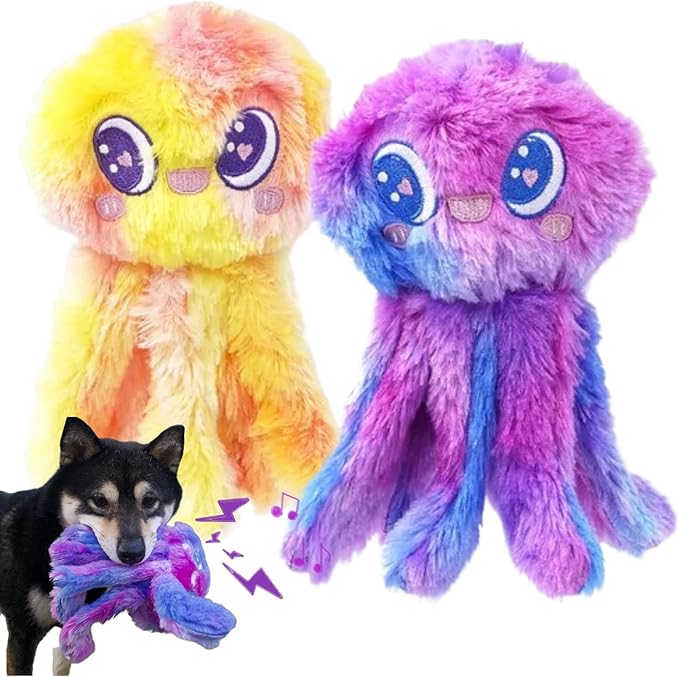 Clairooo Squeaky Dog Toys, Colorful Crinkle Octopus, Plush Dog Toys for Chewing, Interactive, Soft Fabric for Small, Medium & Large Dogs, Daily Companionship, Training Reward, (Yellow)