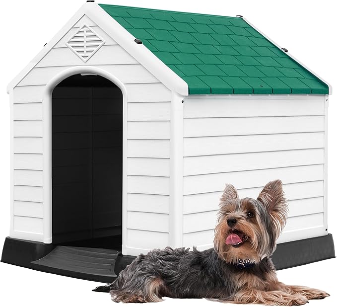 DWVO Plastic Dog House, Weatherproof Outdoor/Indoor Doghouse, Puppy Kennel with Air Vents and Elevated Floor