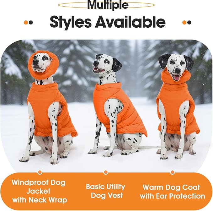 Dog Coat for Large Dogs, Dogs Snow Jacket with Back Zipper, Winter Warm Dog Puffer Vest with Detachable Neck Wrap, Winter Pet Clothes Elastic Band on Chest for Springer, Dalmatian, Orange L