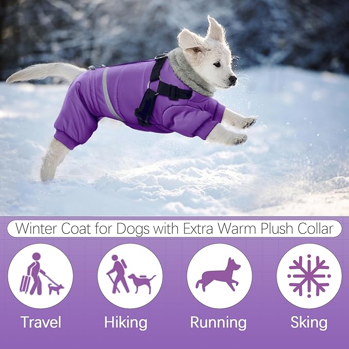 BRKURLEG Purple Dog Coat with Harness, Dog Winter Jacket, Dogs Onesie Body Warm Jackets, Small Medium Dogs Winter Coats Reflective Windproof Warm Cold Weather Coats, Pet Waterproof Jacket, XXL
