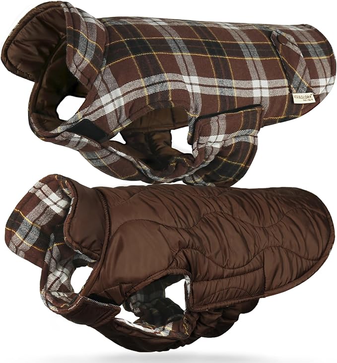 VIVAGLORY Softjoy Dog Coat, Dog Jacket for Winter & Christmas, Coat with Harness Hole & Velcro Closure, Reversible Plaid Checkered Warm Fluffy Heavy Duty for Puppy, S, Coffee