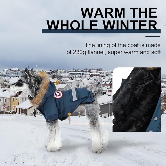 PINA Small Dog Coats - Waterproof, Warm Winter Jacket with Faux Fur Hood, Reflective, Flannel Lined, Windproof, Pocket
