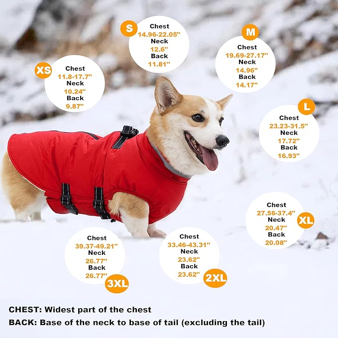 Large Dog Coat with Harness Built-in, Waterproof Reflective Fleece Lined - Warm Windproof Winter Jacket with Back Zipper, Cold Weather Snow Dog Coats - Red - XL
