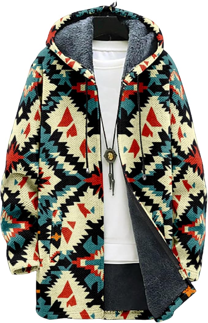 Mens Aztec Print Hoodie Heavyweight Cotton Fleece Jacket Zip Up Warm Long Sleeve Hooded Winter Midi Coat
