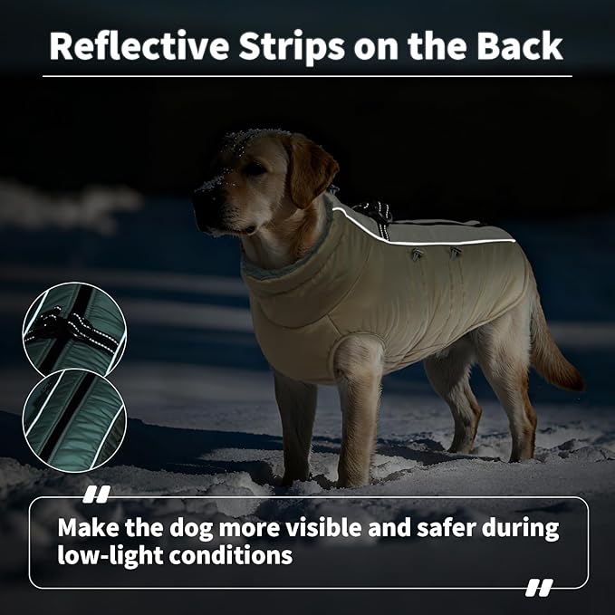 IDOMIK Warm Dog Coat with Harness, Waterproof Reflective Dog Jackets for Small Medium Large Dogs, Fleece High Collar Winter Jacket with Zipper, Pet Winter Snowsuit Clothes for Cold Weather,Khaki XL