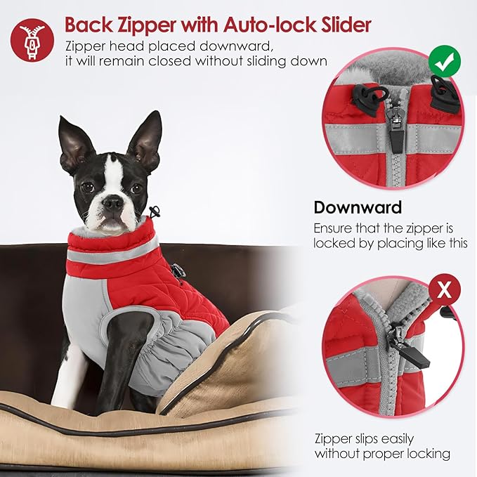 AOFITEE Dog Coat, Warm Dog Winter Coat, Reflective Cold Weather Dogs Puffer Jacket with Harness Built in, Waterproof Pet Fleece Vest Snowsuit for Small Medium Large Dogs, Christmas Red L