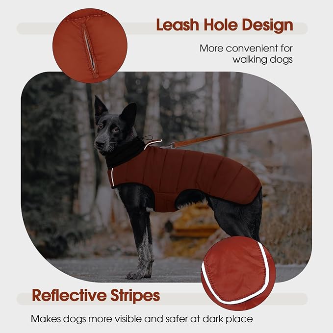 IDOMIK Dog Winter Coat, Warm Waterproof Dog Puffer Jacket with Harness Hole, Adjustable Reflective Snow Jacket Vest with Turtleneck, Pet Cold Weather Coats for Large Dogs,Caramel,3XL