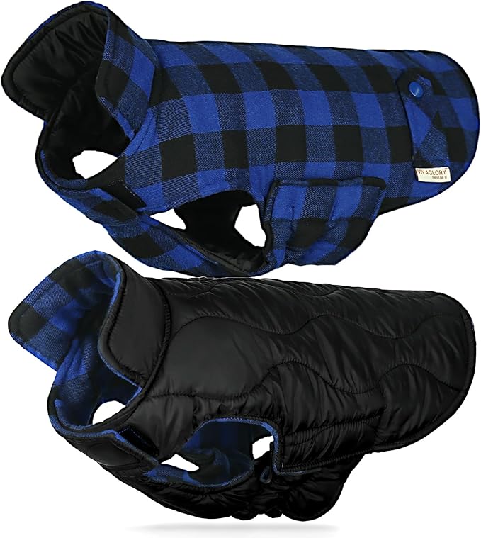 VIVAGLORY Softjoy Dog Coat, Dog Jacket for Winter & Christmas, Coat with Harness Hole & Velcro Closure, Reversible Plaid Checkered Warm Fluffy Heavy Duty for Puppy, XL, Sapphire Blue Plaid