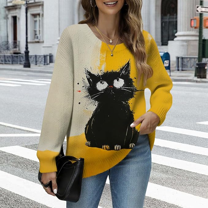 Women's Cat Printed Sweater Oversized Cable Knit Long Sleeve Christmas Clothes Casual Autumn Winter Fashion Tops