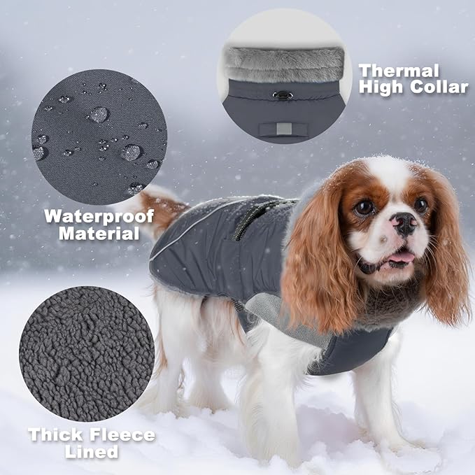 KYEESE Waterproof Dog Coat, Windproof Warm Winter Jacket with Thick Fleece Lined, Turtleneck Dog Coats for Small Dogs with Leash Hole, Reflective Outdoor Cold Weather Coat, Gray, Medium