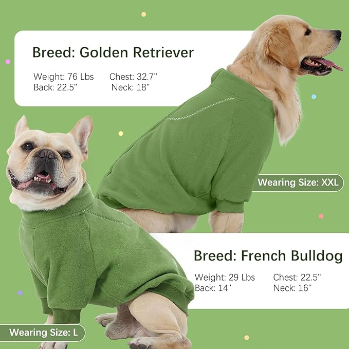 BRKURLEG Dog Sweater Warm Soft Fleece Dogs Sweaters, Turtleneck Sweatshirt for Small Medium Large Dogs, Dog Winter Coat, Christmas Pet Jacket with Zipper Cold Weather Coat (Green, XS)