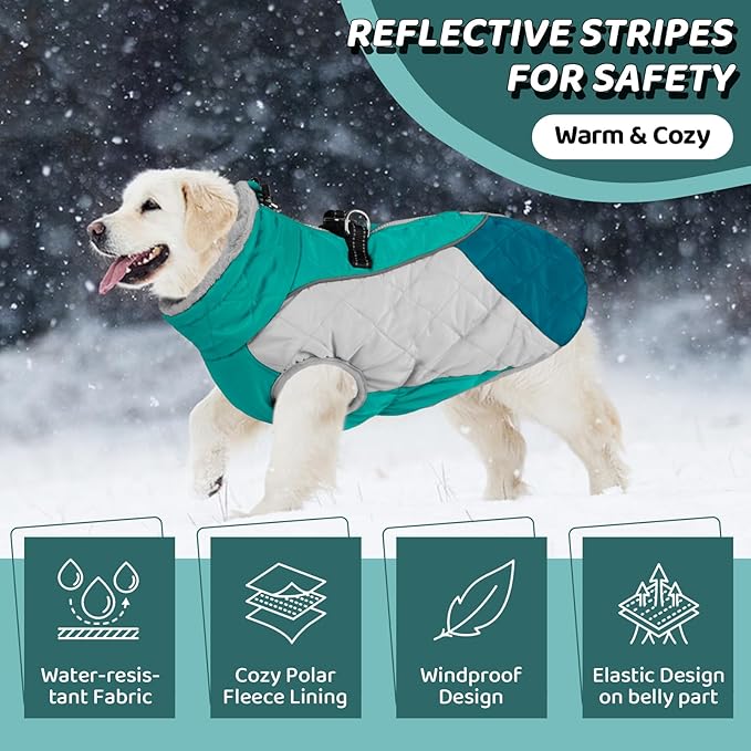 AOFITEE Dog Coat, Dog Winter Coat, Reflective Small Dogs Jacket with Harness Built in and Fleece Lined, Waterproof Pet Winter Jacket Warm Snowsuit for Small Medium Large Dogs, Green M