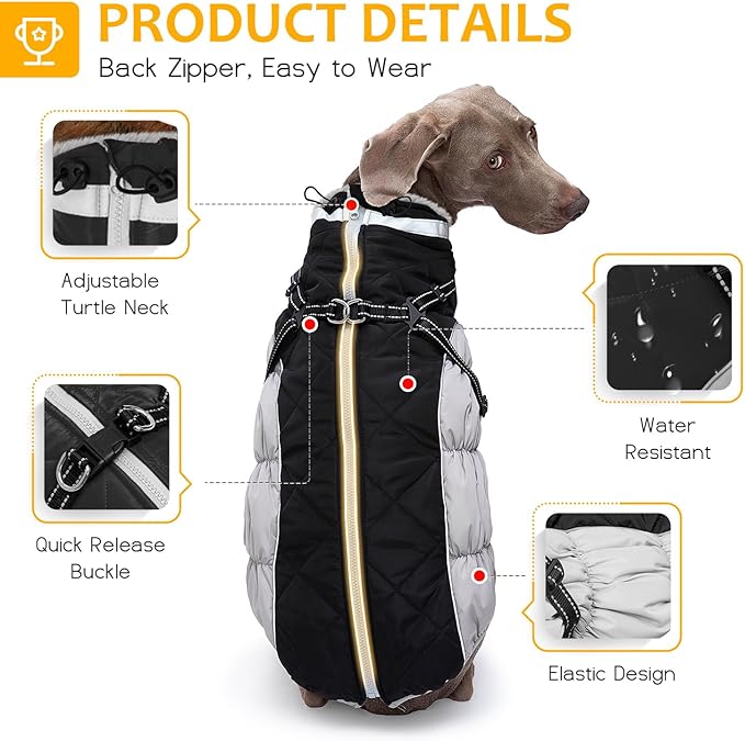 Dog Winter Coat with Harness, Dog Jacket, Pet Clothes with Zipper on Back, Waterproof Windproof Warm Vest, Reflective Cold Weather Coats, for Small Medium Large Dogs, Thick, Black, 3XL