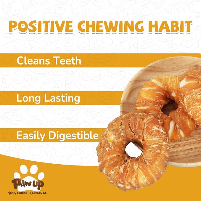 PAWUP Dog Treat Chicken Wrapped Rawhide (4pcs) for Large Dogs, Long Lasting Dog Treat Ring w/Taurine for Aggressive Chewer, 12.5oz