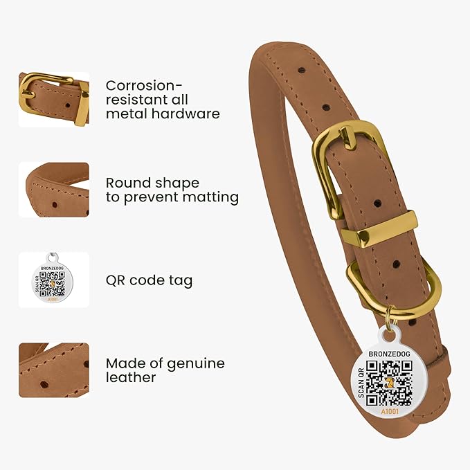 BronzeDog Rolled Leather Dog Collar with QR ID Tag, Adjustable Soft Round Collars for Small Medium Large Dogs Puppy (11" - 14 1/2" Neck Size, Light Brown)
