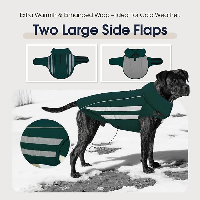 IECOii 4XL Winter Dog Coat - Waterproof & Reflective & Adjustable, Warm Fleece Jacket for Great Dane, Snow & Rain Walking, Skiing, Green, Sizes XXXXL