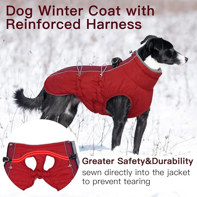 Dog Winter Jacket - Large, Warm Zip Up Snowsuit Dog Harness Vest, Reflective, Water-Resistant, Red