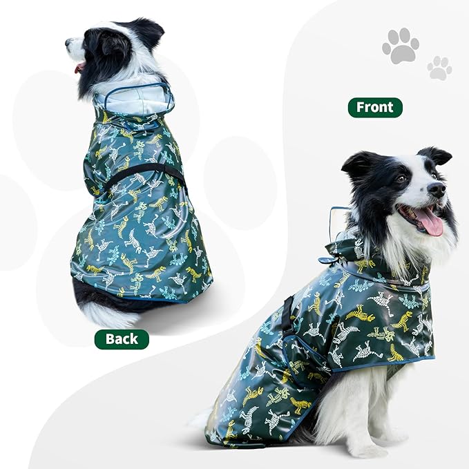 Dog Raincoat, Waterproof Windproof Dog Rain Jacket with Hood, Rain Coat with Leash Hole, Adjustable Raincoat Poncho for Small Medium Large Dogs Outdoor (Green, Small)