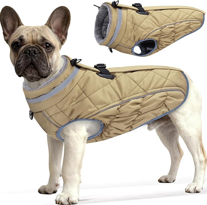 Dog Coat, Warm Dog Winter Coat for Small Dogs, Waterproof Jacket with Harness Built in, Reflective Turtleneck Cold Weather Coats with Zipper,Pet Fleece Vest Snow Jacket, Brown XS