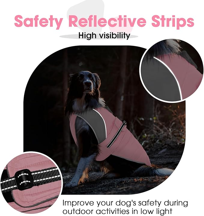 Nanaki Dog Coat Jacket for Large Dogs Winter Waterproof, Warm Fleece Lining Furry Collar Large Dog Jacket with Leash Hole, Reflective Cold Weather Pet Jacket Outdoor Walking Hunting,Easy On Pink 3XL