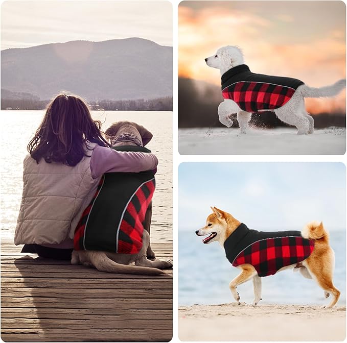 Kuoser Dog Winter Coat, Reversible Waterproof Dog Jacket with Reflective Strip, Warm Dogs Fleece Vest Adjustable Doggy Cold Weather Clothes Plaid Christmas Outfit Pet Apparel for Small Dogs, Red XS