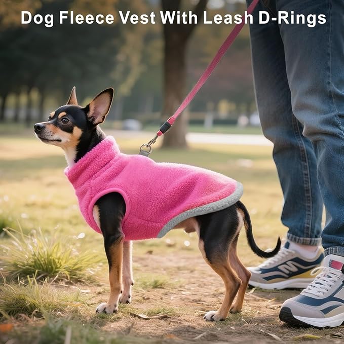 Idepet 2 Pack Dog Fleece Vest Sweater Warm Pullover Jacket with D-Ring Leash Reflective Winter Coat Hoodie for Puppy Cat French Bulldog Pug Chihuahuas Yorkies Dachshunds (Red&Rose Red,Small)