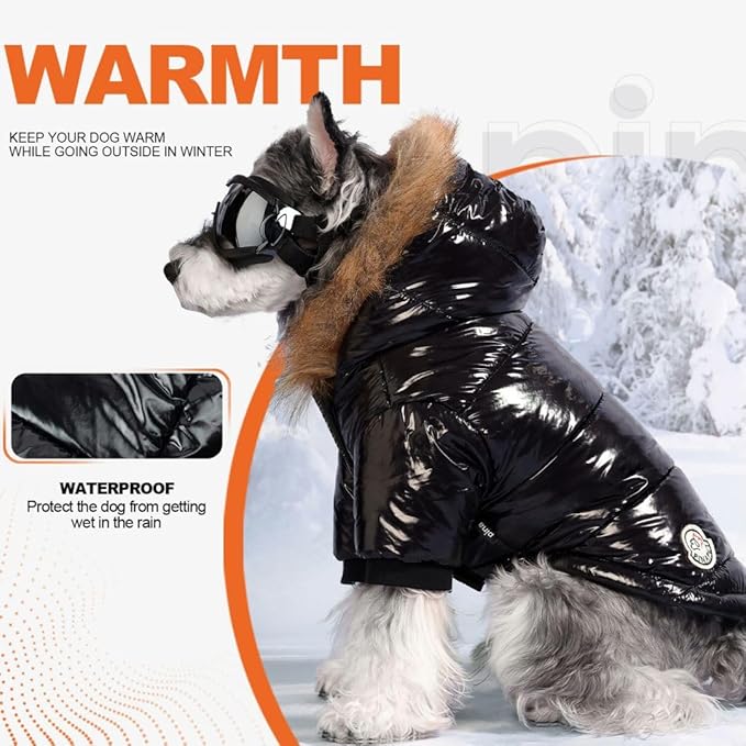 PINA Dog Winter Coat with Faux Fur Hood, Windproof and Warm, Suitable for Small to Large Dogs, Black, M
