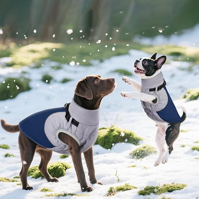 DENTRUN Dog Coat with Harness Built in, Easy On/Off Zipper Closure Winter Dog Vest, Water-Repellent Fleece Lined Warm Jacket with Reflective for Small Dogs, Dark Blue, XS