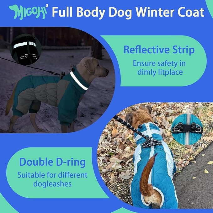 MIGOHI Full Body Dog Coat - Warm Reflective Winter Coat for Medium Dogs with Harness,Turtleneck Dog Fleece Jacket,Four-Leg Windproof Puffer Jackets Snowsuit with Zipper for Small Medium Large Dogs,L
