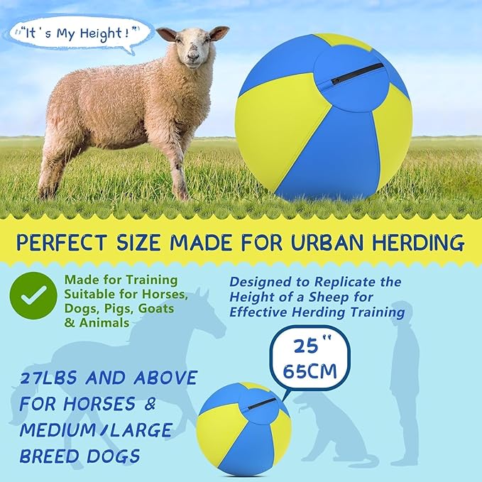 Herding Ball for Dogs and Horses - 25" Jolly Ball for Dogs, Agility Training Equipment, Herding for Australian/German Shepherd, Improved Bite-Resistant, Reinforced Sewing Dog Toys - Blue&Yellow （New）