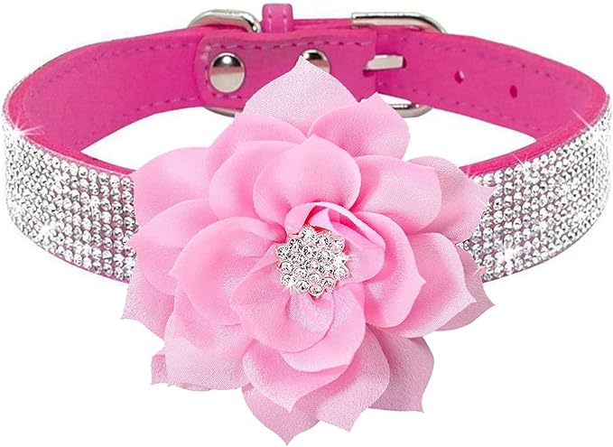 Serijoars Small Dog Collar with Rhinestone Crystal Diamond Colorful Bling Girl Puppy Cat Collars (M, Hot Pink6)