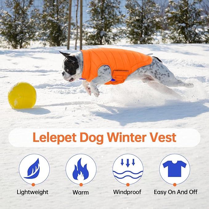 Lelepet Reversible Dog Coat Waterproof Dog Jacket Windproof Puffer Vest for Winter Warm Lightweight Coats for Large Dogs Adjustbale Hook & Loop Pet Apparel with Leash Hole, Pitbull, Orange, XL