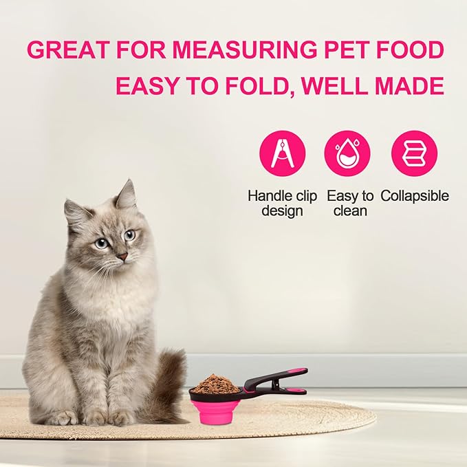 Collapsible Silicone Dog Food Scoop Foldable Pet Food Measuring Cup with Bag Clip 3 in 1 Multi-Function Silicone Dog Food Scooper (Rose Red, Small)