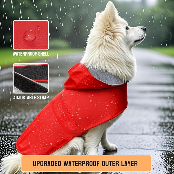 Dog Raincoat Dog Rain Jacket Poncho Waterproof Pet Rain Suit Puppy Small Medium Dogs Double Layer Breathable Lining Hooded Leash Hole Adjustable,Red,M