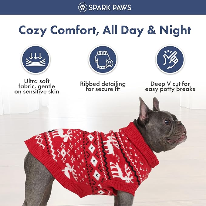 Spark Paws Christmas Dog Sweater – Ultra Soft Holiday Knit Sweater for Small, Medium & Large Dogs, Cute Pet Sweater for French Bulldogs & Big Dogs, Easy Potty V Cut Design Jacket - (Dasher Red,S)