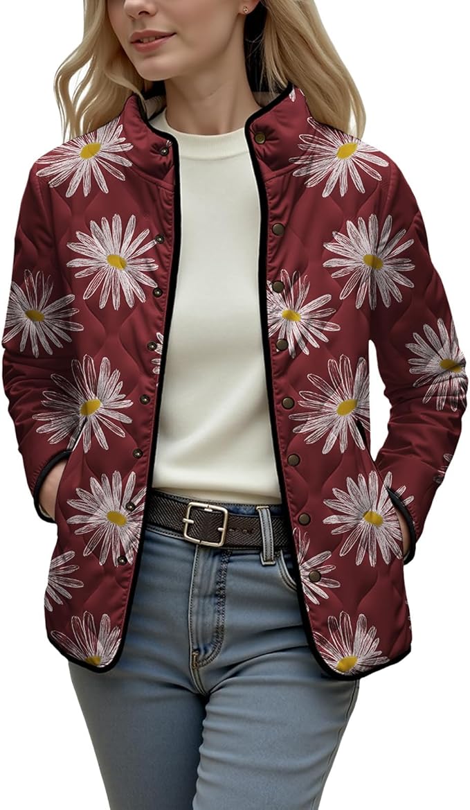 LIZALIG Women's Cropped Puffer Jacket Lightweight Floral Print Long Sleeve Padded Quilted Puffy Cardigan Coat