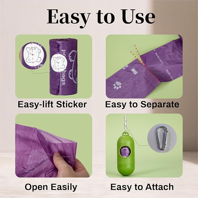 420 Count Dog Poop Bags Rolls with Dispenser & Leash Clip, 9″ x 13″ Scented Biodegradable Leak Proof Poop Bags for Dogs, Cats & Pet Waste, 28 Refill Rolls of 15, Purple