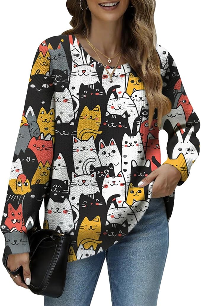 Women's Cat Printed Sweater Oversized Cable Knit Long Sleeve Christmas Clothes Casual Autumn Winter Fashion Tops
