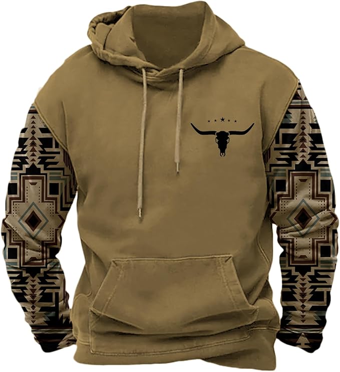 HOTYD Mens Western Aztec Sweatshirts Long Sleeve Fall Fashion Drawstring Pullover Vintage Graphic Cowboy Hoodie for Men