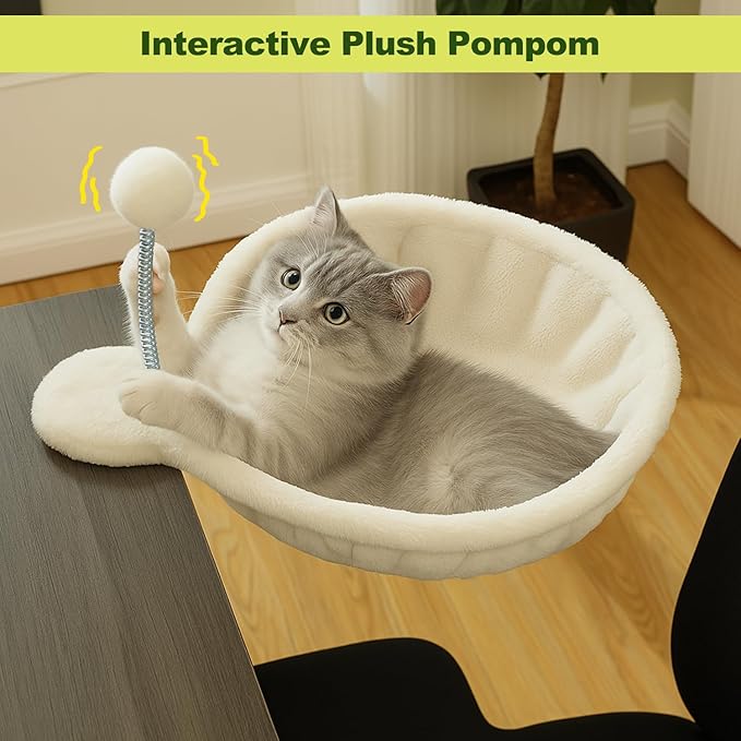 PAWZ Road Cat Bed for Desk, Large Cats Hammock with Plush Ball，12 Inches in Diameter,Space-Saving Cat Desk Bed, White Cats Hammock for Table Supports Up to 40lbs, Medium