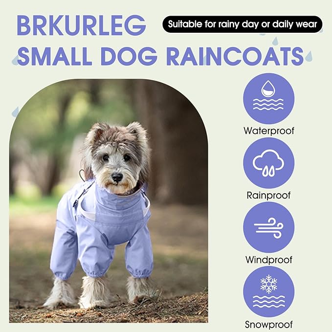 BRKURLEG Dog Raincoat for Small Dogs, Small Dog Rain Jacket with Harness Built in, Waterproof 4 Legs Puppy Raincoats, Puppy Outdoor Jacket with Reflective Strip, Purple, L