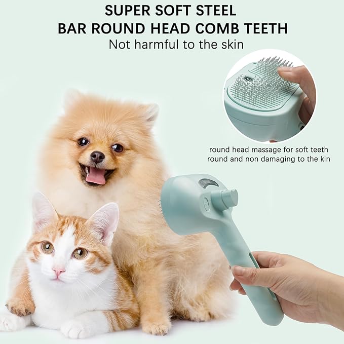Pet Steam Brush for Cats and Dogs, 3 In 1 Steamy Cat Brush with Release Button and Tank, Anti-Static Pet Spray Hair Removal Comb, Rechargeable Dog Steam Comb for Furry (Blue)