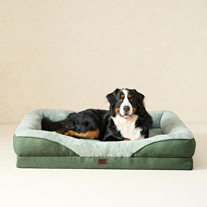 EHEYCIGA Memory Foam XXL Dog Bed for XLarge Sized, Extra Large Orthopedic Dog Sofa with Sides and Waterproof Liner, Washable Bolster Pet Couch with Removable Cover, 52x41x8 Inch, Green