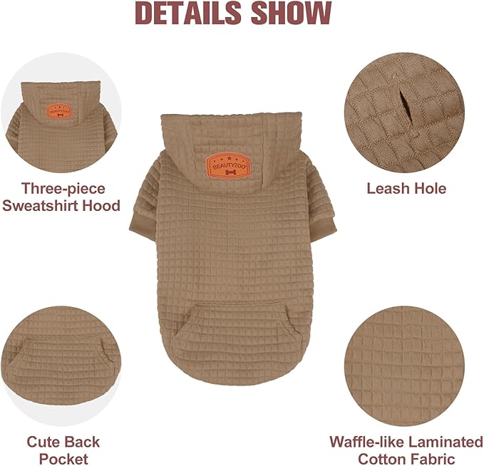 BEAUTYZOO Small Dog Hoodie Sweater with Pockets, Dog Clothes for Small Medium Dogs Boy Girl, Waffle-Like Laminated Cotton Pet Coats with Hat and Leash Hole, Khaki XL