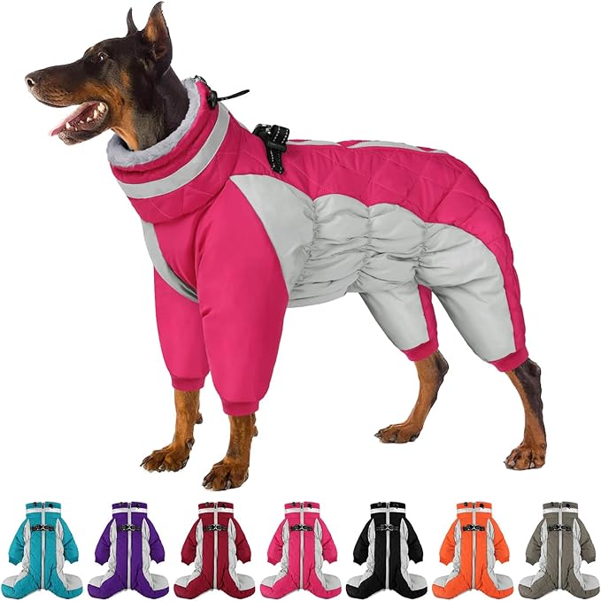 SUNFURA Full Body Dog Coat - Warm Fleece Jacket for Large Dogs, Turtleneck Winter Coats with Harness, Reflective Dog Snowsuit Windproof Puffer Jackets with Legs for French Bulldog, Hot Pink L