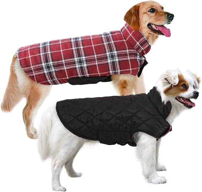 MIGOHI Dog Coat, Windproof Waterproof Reversible Jacket for Winter, British Style Plaid Warm Vest with Harness Hole, Small Medium Large Dogs, Cold Weather Coats, Red, XXL