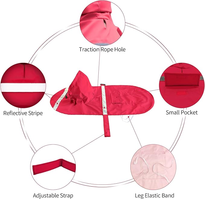 NACOCO Large Dog Raincoat Adjustable Pet Water Proof Clothes Lightweight Rain Jacket Poncho Hoodies with Strip Reflective (M, Red)