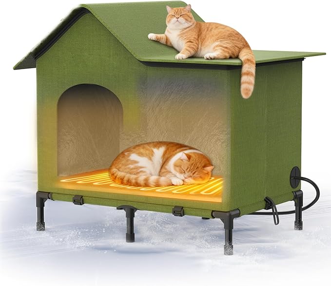 Heated Outdoor Cat House – Weatherproof Winter Shelter for Stray & Outdoor Cats, Insulated & Elevated Design for Porch, Yard, Barn or Garage, Easy Assembly Warm Cat Shelter